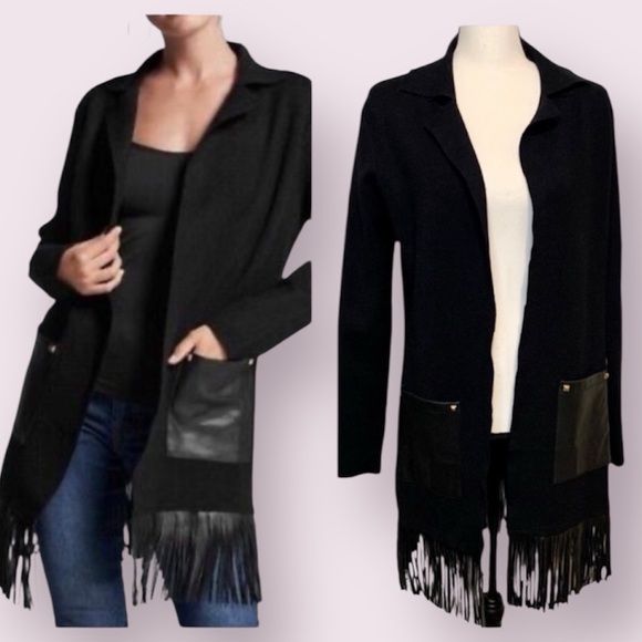 Oliver by Escio Longline Sweater Duster Faux Leather Pockets Fringes Black Small - Picture 1 of 16